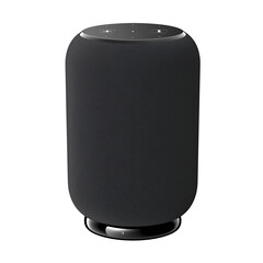 Poster - sleek black smart speaker with cylindrical design, featuring touch controls on top surface, isolated on white background. Perfect for modern home audio experiences
