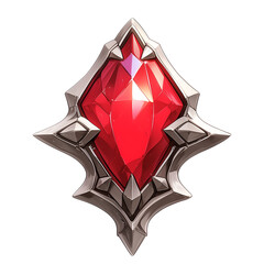 Poster - vibrant red gemstone insignia with metallic frame, isolated on white background, showcasing intricate design and sharp edges. jewel facets reflect light, creating striking visual