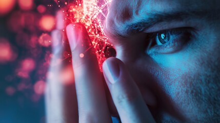 Poster - a close-up of a person examining a sparkling red object, with an intense expression, suggesting focu