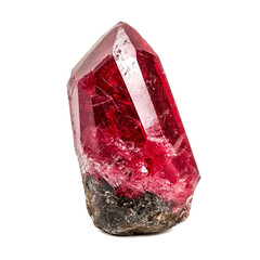 Poster - vibrant red spinel crystal with sharp, faceted structure stands isolated on white background, showcasing its natural beauty and clarity