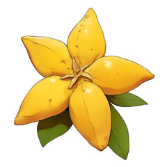 Poster - vibrant yellow starfruit with green leaves isolated on white background, showcasing its unique shape and fresh appearance