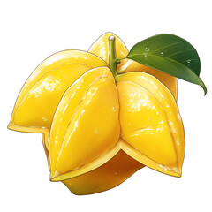 Poster - Fresh starfruit with vibrant yellow skin and green leaf, isolated on white background, showcasing its unique shape and juicy texture