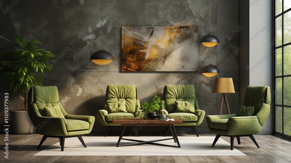 Industrial loft with green armchairs, raw concrete wall, and modern ...