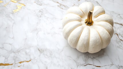 Poster - Single white pumpkin on marble background with gold accents.