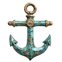 Poster - turquoise anchor insignia with gold accents is isolated on white background, showcasing intricate detailing and vintage maritime design
