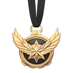 Poster - gold medal with star and wing design, featuring black ribbon, isolated on white background. medal symbolizes achievement and excellence, often awarded in competitions