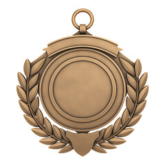 Poster - brass victory medal with laurel wreath design, isolated on white background, symbolizing achievement and honor. medal intricate details and circular shape enhance its elegance