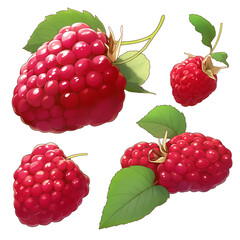 Poster - Juicy red raspberries with green leaves isolated on white background, showcasing their vibrant color and fresh appearance. Perfect for healthy eating and natural food concepts