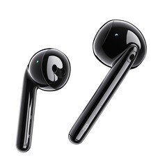 Poster - Sleek black wireless earbuds isolated on white background, showcasing modern design and technology. Perfect for music lovers and tech enthusiasts seeking high quality audio experience