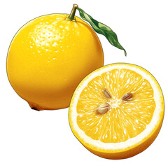 Aufkleber - Fresh yuzu fruit with vibrant yellow color and green leaf, showcasing juicy interior and seeds, isolated on white background. Perfect for culinary and aromatic uses