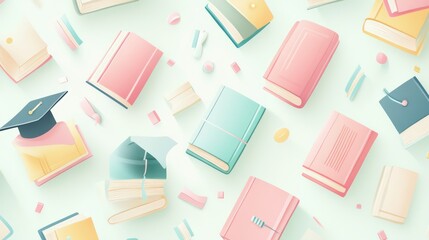 Aufkleber - Pastel-colored books, graduation cap, and stationery items arranged on a light green background.