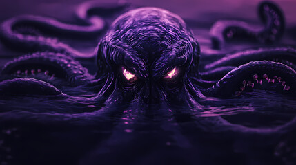 Purple tentacled entity with glowing eyes rising from dark waters. Abyssal. Illustration