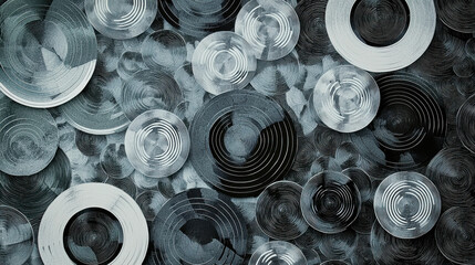 Poster - Abstract Composition of Circular Patterns in Monochrome Tones and Textures
