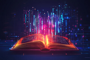 Poster - An open book emitting colorful digital data streams, symbolizing knowledge and technology.