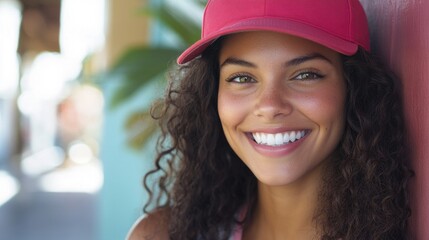 Smiling woman in red cap enjoying a sunny day outdoors. National wear red day