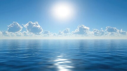Wall Mural - blue sky with wispy clouds casting reflections on a calm ocean surface, peaceful and quiet