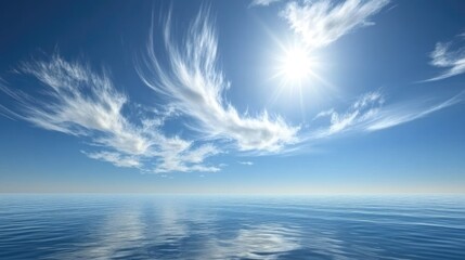 Wall Mural - blue sky with wispy clouds casting reflections on a calm ocean surface, peaceful and quiet