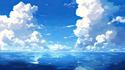 Wall Mural - clear blue sky with white fluffy clouds above a calm ocean, a peaceful seascape