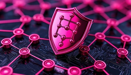Poster - A pink shield symbolizing cybersecurity on a digital network background.