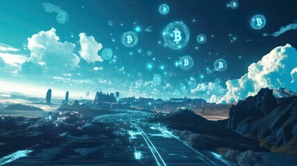 Poster - Futuristic landscape with glowing Bitcoin symbols floating in the sky above a road leading to a distant city.