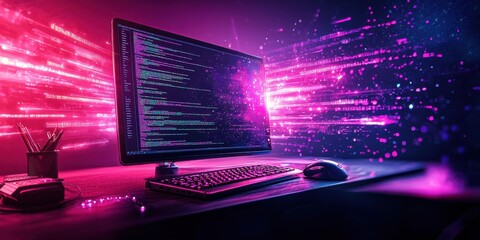 Poster - A vibrant workspace with a computer, showcasing colorful coding and digital effects.