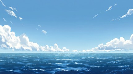 Wall Mural - ocean and sky blending at the horizon, under a bright blue sky dotted with light clouds