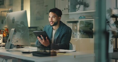 Aufkleber - Office, desk and man with tablet for business plan, computer or checking online schedule ideas. Scroll, website and businessman with digital app for project management, communication or networking
