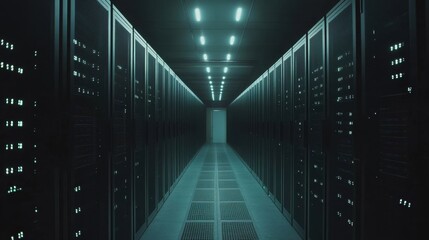 Poster - LED-lit server racks in a dimly lit data center, illustrating the future of internet infrastructure and efficient digital networking