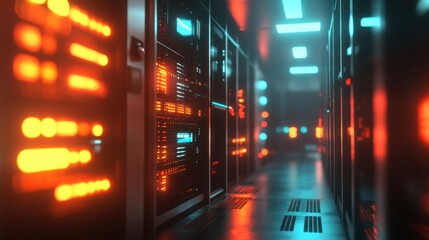 Poster - LED-lit server racks in a dimly lit data center, illustrating the future of internet infrastructure and efficient digital networking