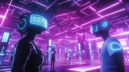 Poster - Two figures wearing VR headsets in a futuristic, neon-lit virtual reality environment.