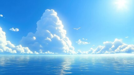 Wall Mural - tranquil blue sky with a few clouds, spreading over a calm and quiet ocean