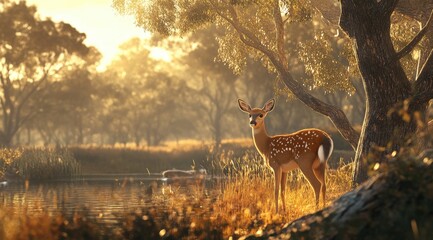 Sticker - A deer standing in the tall grass near trees and water, with sunlight filtering through the leaves to create a warm glow on its fur