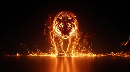 Poster - Fiery tiger, its form composed of swirling flames, walking towards the viewer on a dark background