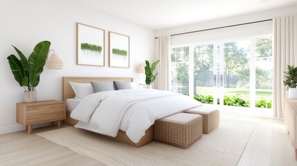 Poster - Spacious and bright bedroom with a large bed, wooden nightstands, and a large window with a view of a garden
