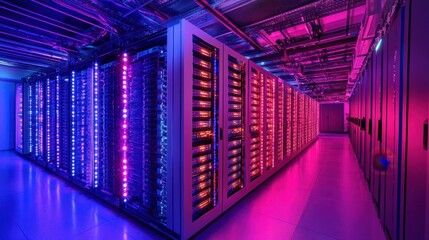 Fototapete - Rows of futuristic server racks with LED lights glow brightly, symbolizing innovation in modern internet infrastructure and data trends