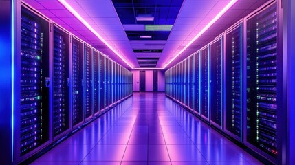 Fototapete - Rows of futuristic server racks with LED lights glow brightly, symbolizing innovation in modern internet infrastructure and data trends