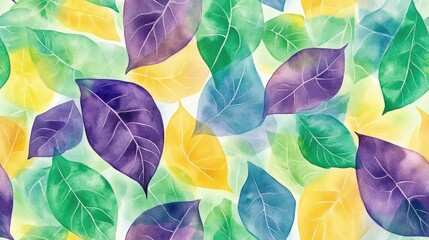 Wall Mural - Seamless watercolor pattern featuring vibrant leaves in green yellow and violet hues perfect for fabric or wallpaper design