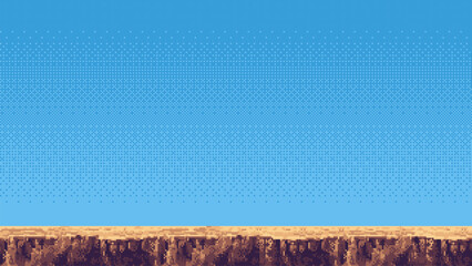 Aufkleber - pixel art retro game level, 8 bit 2d video game background, pixel template. stones, grass and blue sky. Vector illustration