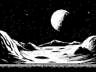 Aufkleber - Pixel art space game level background, 8 bit retro style video game. Black and white. Monochrome planet surface with rocks. Starry sky. Vector illustration