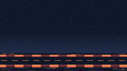 Poster - pixel art racing game level background, pixel retro design, 8 bit image, 2d racing track, road with night sky on background, race arcade vector illustration