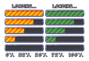 Aufkleber - Pixel art loading bar, retro game start, 8 bit, download bar screen. Pixelated progress animation. Loading from 0 to 100 percent.