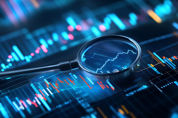 Poster - A magnifying glass over digital financial graphs and data visualizations.