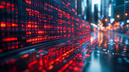 Poster - A modern financial stock market display with illuminated red and orange data points against a blurred city backdrop