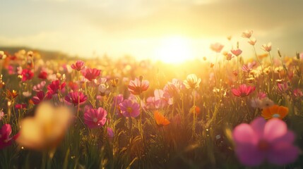 Poster - Vibrant wildflowers bathed in golden sunset light.