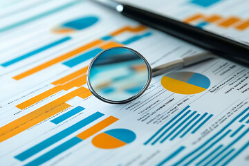 Poster - A magnifying glass on financial reports with graphs and charts for analysis.