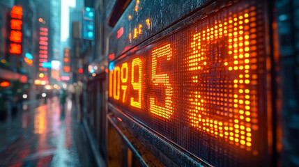 Poster - A bright stock market ticker reflects on a rainy city street, capturing urban lights and financial trends in a vibrant night scene