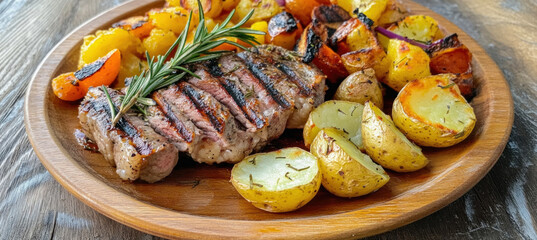 Wall Mural - Sliced grilled steak lying on wooden plate with roasted potatoes and rosemary