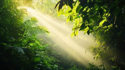 Aufkleber - Sunbeams pierce through dense tropical rainforest foliage, illuminating lush green leaves and plants.