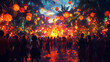 © Pixel World Vision  - Vibrant festival atmosphere with people dancing under glowing lanterns at dusk