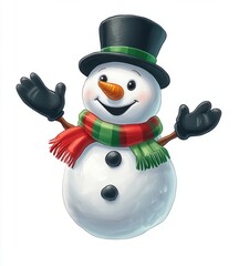 Poster - A cute snowman wearing a black top hat and a green and red scarf, smiling with arms outstretched, in a clipart style, isolated on a white background